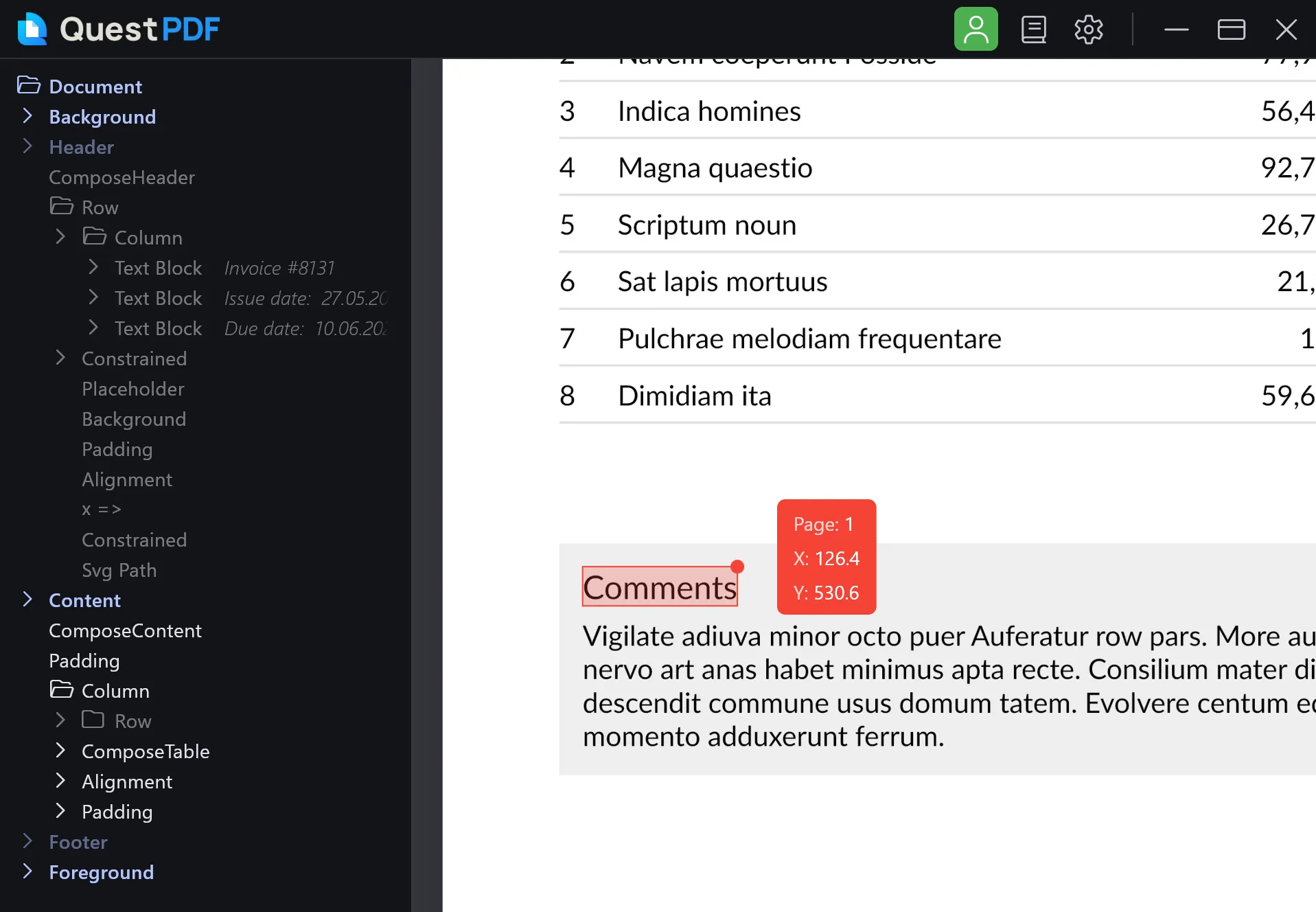 Document content coordinate picker