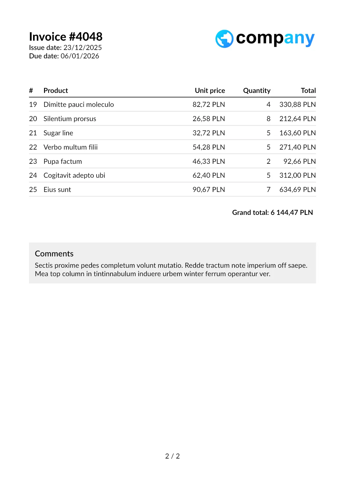 Sample invoice page 2